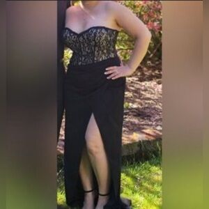 Galina signature|Davis Bridal High slit strapless black corset maxi dress